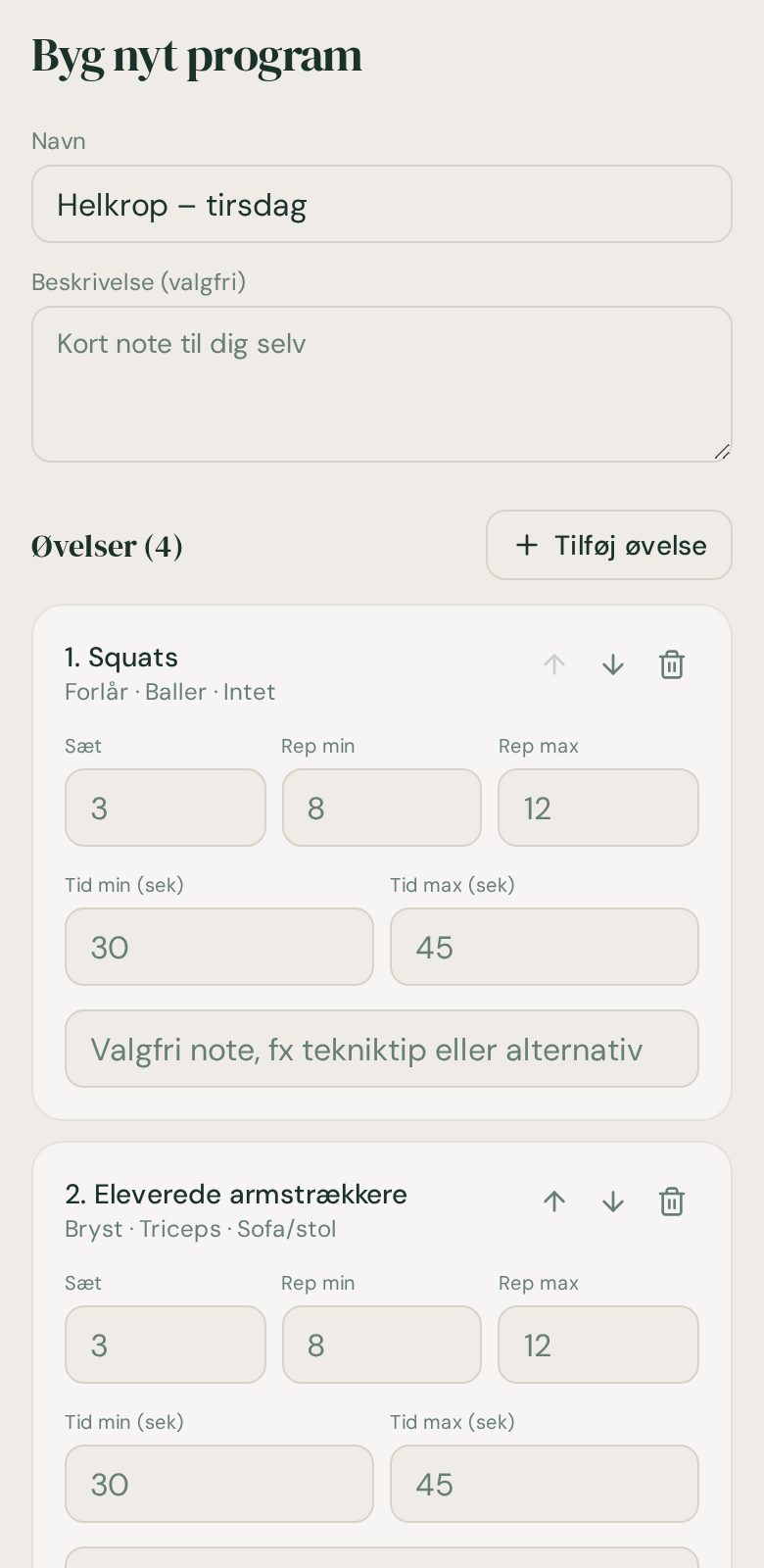 Programbyggeren i HomeFit, hvor et eget hjemmetræningsprogram sammensættes af øvelser fra kartoteket