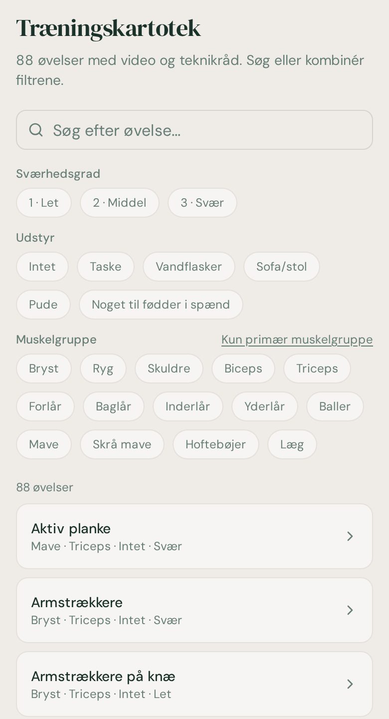 Øvelseskartoteket i HomeFit med 88 hjemmetræningsøvelser og filtre for sværhedsgrad, udstyr og muskelgruppe